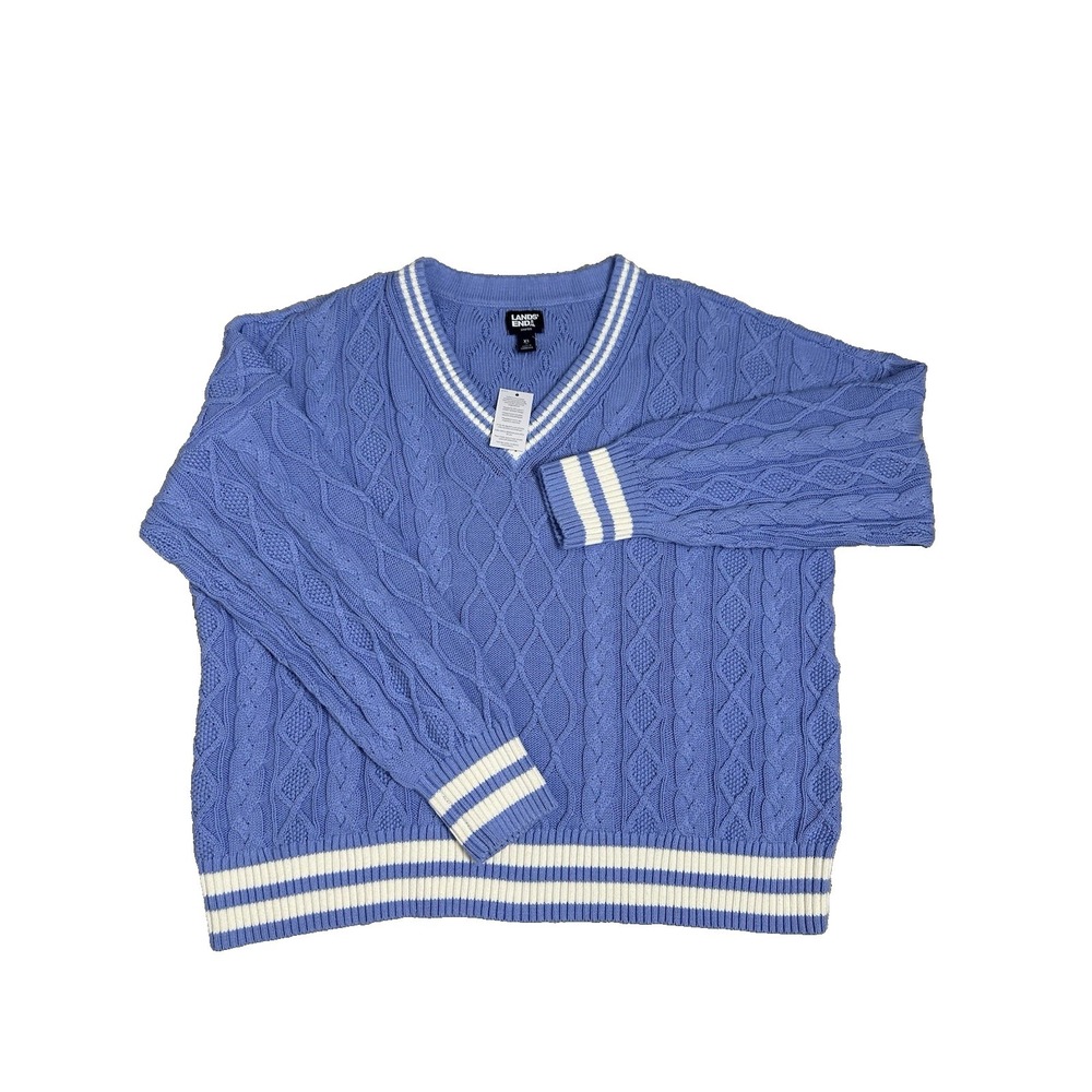 Lands End Cricket Sweater Size XL Blue White Cable Knit V Neck Preppy